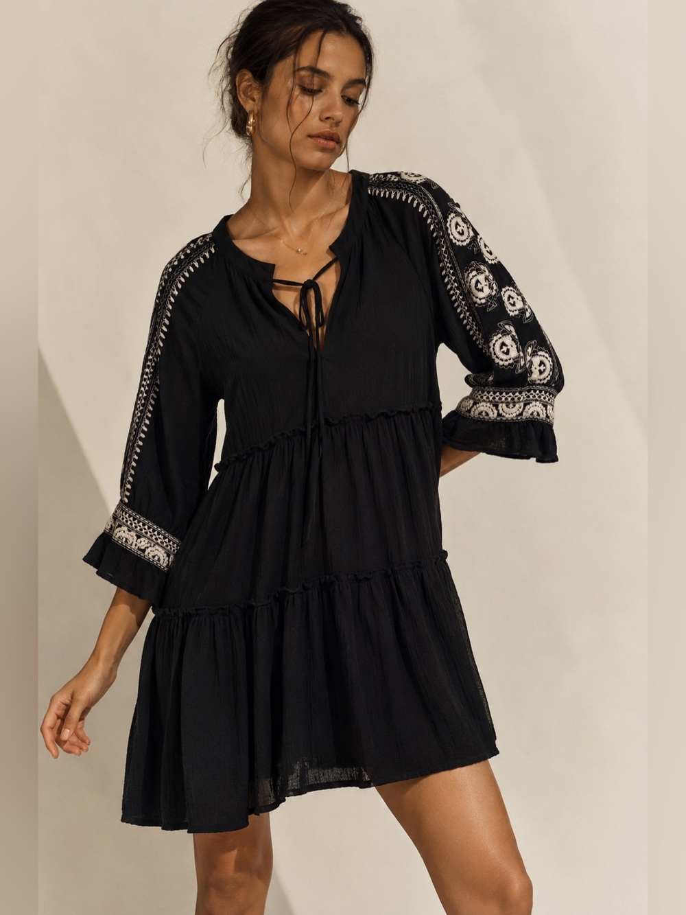 En Creme Black Tiered Dress White Embroidered Floral Sleeves Boho festival S